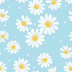 Seamless pattern with daisies and dots on pastel blue background vector