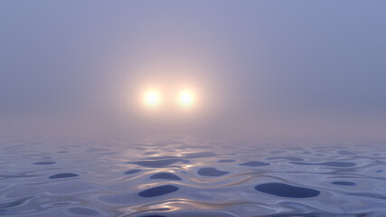 two rays of light in the fog over the sea