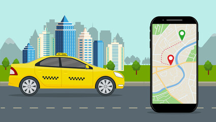 Taxi cab with mobile app. Taxi service with online map on phone, city background. Smartphone application with location ride on street. Yellow car on road by order of passenger. Flat design vector.