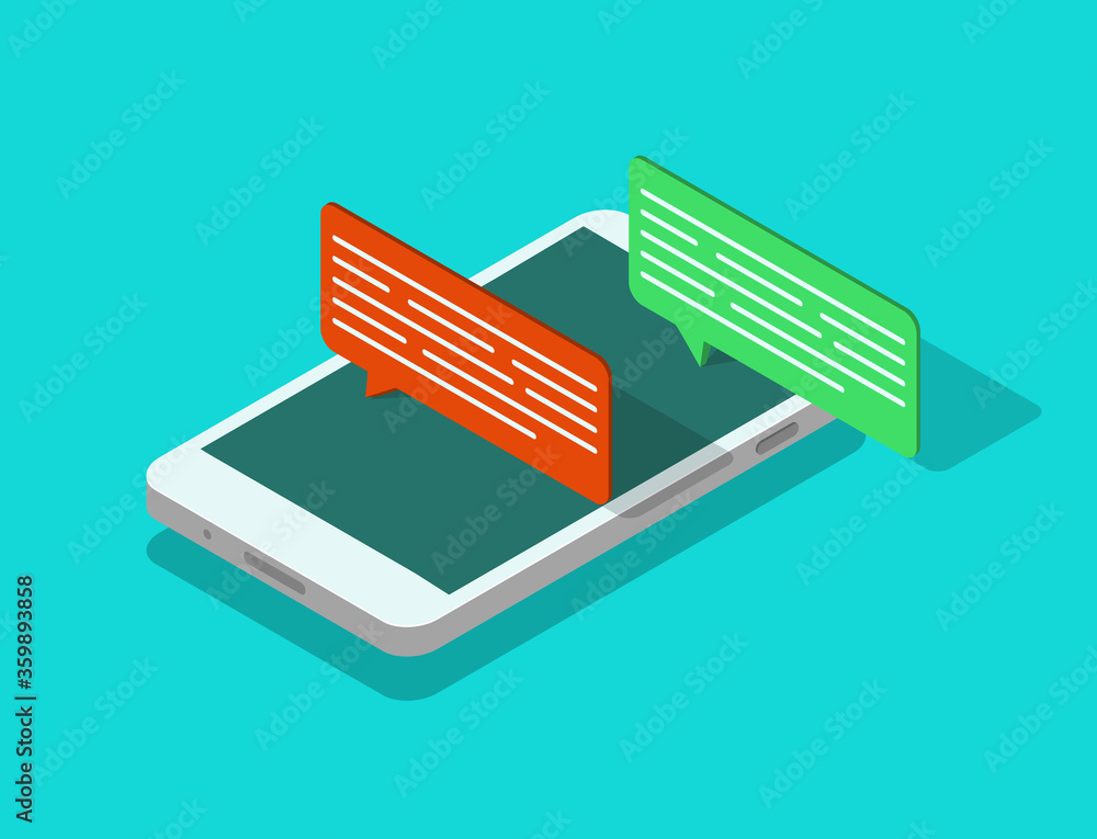 Poster mobile phone isometric with speech bubble. sms chat icon in smartphone. people talk online in social