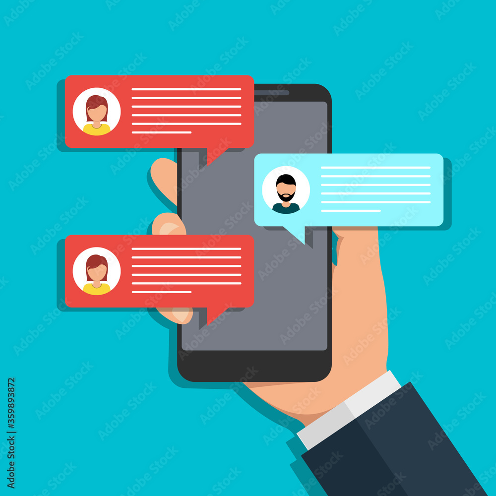 Poster hand holds phone chat. message icon on screen mobile. online talk in social media. texting notificat