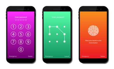 Screen lock on mobile phone. Interface unlock password at home page of smartphone. Slide touch, number passcode on display of application. Protection lockscreen kit on touchscreen of gadget. vector.
