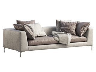 Modern gray leather sofa with pillows and plaid. 3d render.