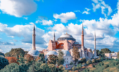 Sunny day architecture and Hagia Sophia Museum, in Eminonu, istanbul, Turkey 