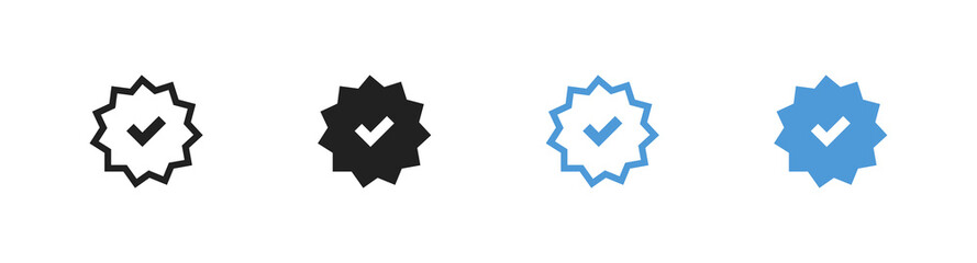 Check mark icons set.  Profile verification blue button in flat. Vector right symbol