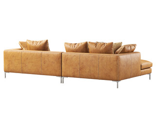 Modern brown chaise lounge leather sofa with pillows. 3d render.