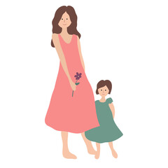 Woman with a small daughter in summer dresses barefootVector illustration.mom and daughter. White background.