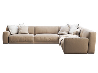 Modern light beige corner fabric sofa with pillows and knitted blanket. 3d render.