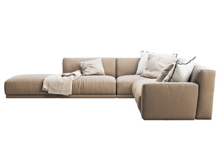 Modern light beige corner fabric sofa with pillows and knitted blanket. 3d render.