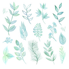 Watercolor greens set.Texture with greens,branch,leaves,foliage, eucalyptus.Perfect for wedding invitations,greeting cards,quotes,pattern,bouquet,logos,Birthday cards etc