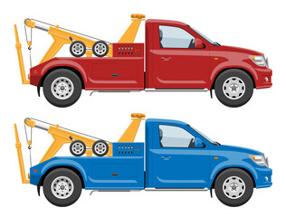 Red and blue tow trucks side view vector template with simple colors without gradients and effects