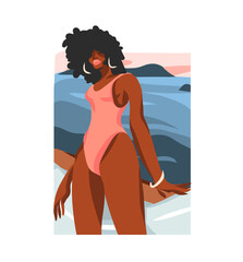 Hand drawn vector abstract stock flat graphic illustration with young happy black afro american beauty female,in swimsuit on sundown beach scene isolated on white background