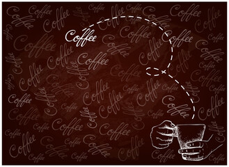 Coffee Time, Illustration Hand Drawn Sketch of Hand Holding A Cup of Coffee on Brown Background.
