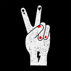 Vector illustration of a hand peace or victory sign with red nails and decorative elements - Textured object on black background - Design for T-Shirt, sticker, poster