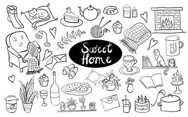 Sweet cozy home hand drawn set isolated vector illustration