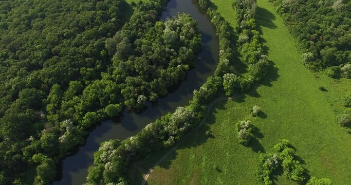 Aerial view to summer forest and river bend of Seversky Donets