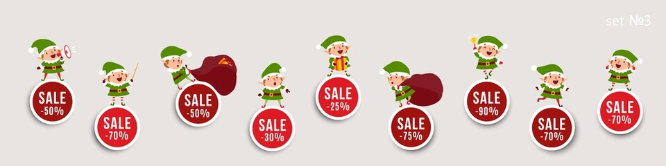 Christmas New Year sale, advertising stickers with elves and discounts, vector isolated elements for festive design. Set 3 - 359897076