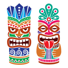 Tiki pole totem vector color design - traditional statue decor set from Polynesia and Hawaii, tribal folk art background
