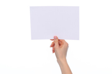 Obraz premium Female hand holding blank white sheet of paper isolated on white
