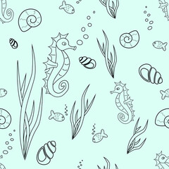 Seamless seahorse repeat pattern including bubbles, shells and seaweed. Surface, tile, fabric wallpaper.