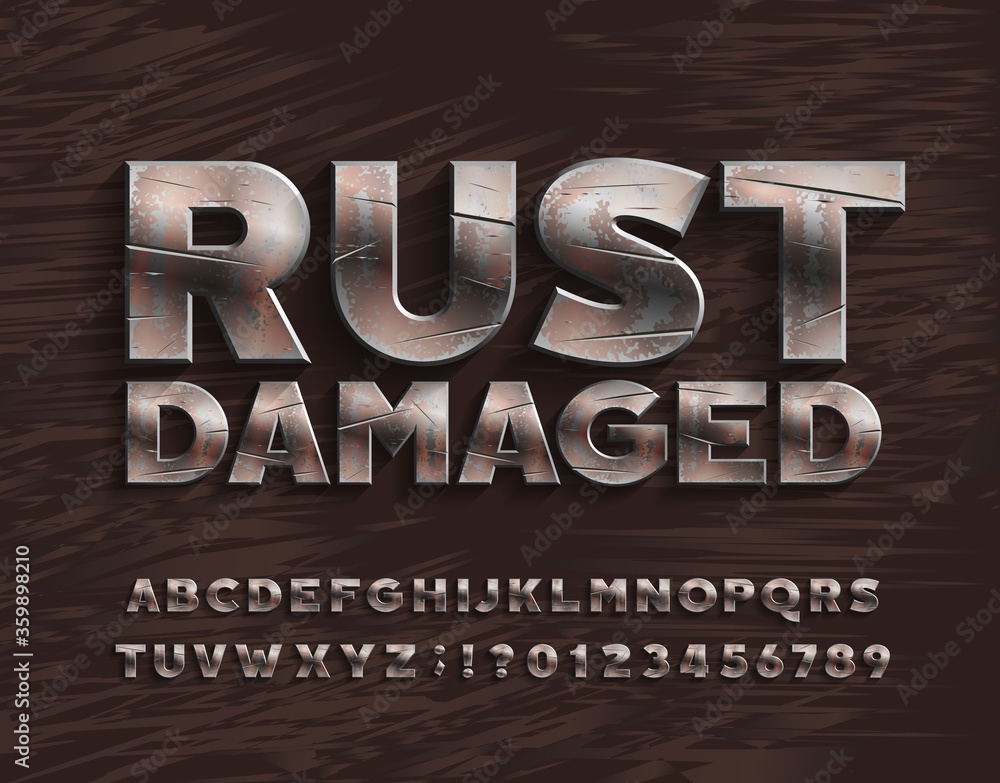 Fototapete rust damaged alphabet font. bold metal letters and numbers. stock vector typescript for your design.
