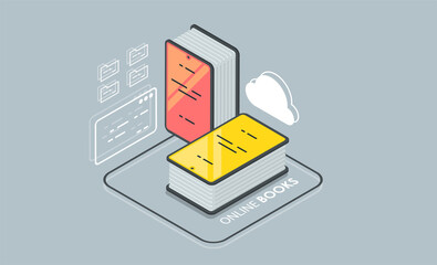 Media book library concept. e-learning, e-book, online education. Modern vector illustration concepts for website and mobile website development.