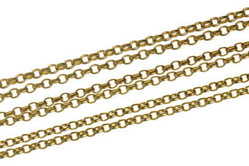 Fragment of a yellow metal chain on a white background. Isolated