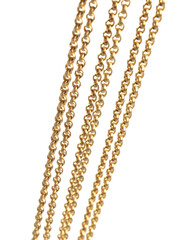 Fragment of a yellow metal chain on a white background. Isolated