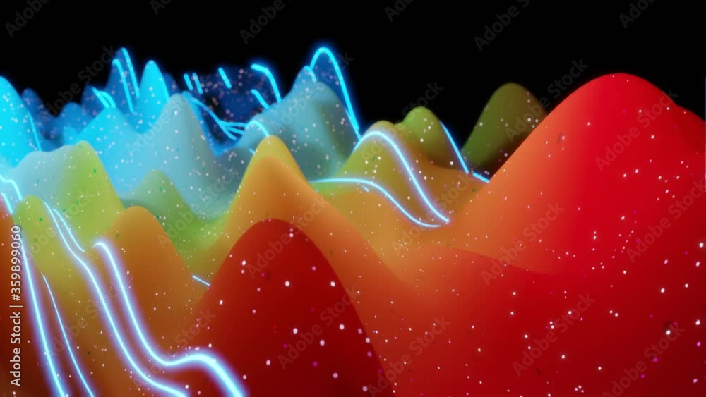 Poster abstract 3d surface with beautiful waves, luminous sparkles and bright color gradient, colors of rai