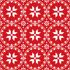 Scandinavian cute Christmas seamless vector pattern with snowflakes - Nordic folk art style in white on red background
