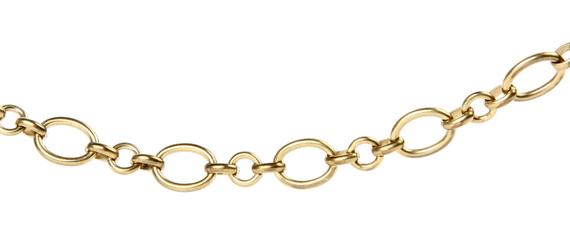 Fragment of a yellow metal chain on a white background. Isolated