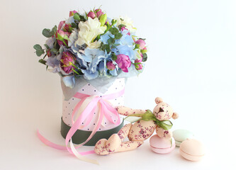 bouquet of flowers, marshmallows, handmade teddy bear