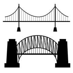 Vector bridges silhouettes icons. Black silhouettes of beautiful bridges on a white background for logos, badges or internet icons.