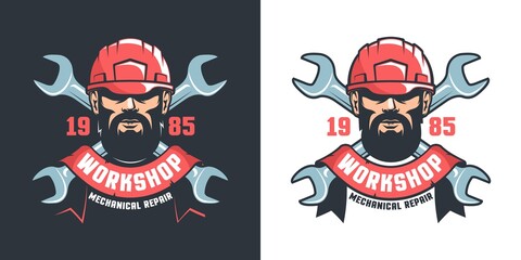 Repair workshop with handyman in hard hat and crossed spanner - vintage logo. Industrial Mechanic retro emblem. Vector illustration.