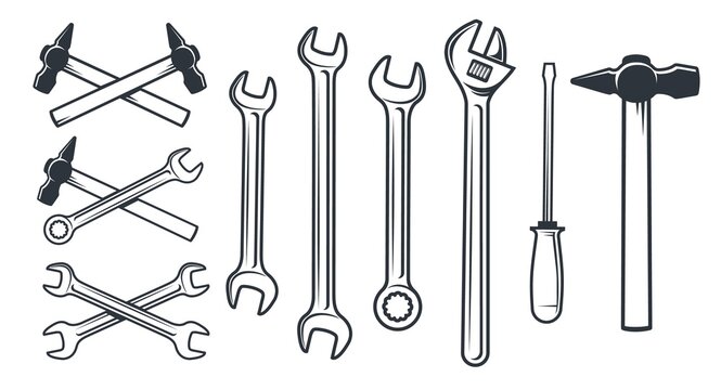 Hardware worker mechanical tools. Hammer vintage style. Handyman kit Spanner screwdriver. Crossed wrench icon. Vector illustration.