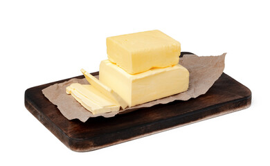 Butter on wooden board isolated on white background