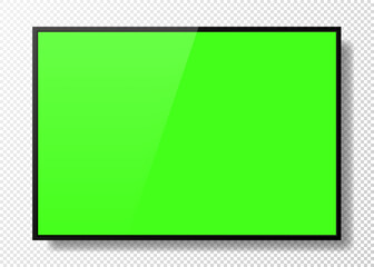 Realistic TV green screen on transparent background. Modern stylish panel. Large TV monitor display mockup. Black blank television template. Vector
