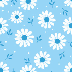 Fototapeta na wymiar Seamless with daisy flowers and leaves on a blue background vector. Cute floral pattern.