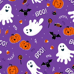 Fototapeta premium Fun hand drawn Halloween seamless pattern, cute ghosts, pumpkins, bats and decoration, great for textiles, wrapping, banners, wallpapers - vector design
