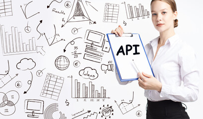 Business, technology, internet and network concept. Young businessman thinks over the steps for successful growth: API