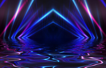 Light neon effect, energy waves on a dark abstract background. Laser colorful neon show. Reflection of light in the water. Smoke, fog. 3d illustration