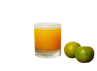 a glass of orange juice and a few oranges are isolated on white background (clipping path included)
