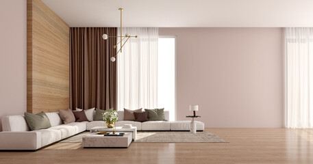 Modern luxury house.Sofa in living room with pink wall and wooden floor.3d rendering