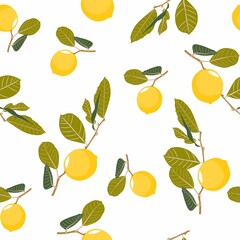 Fresh lemons background. Hand drawn fruit branches. Colorful wallpaper. Seamless pattern with citrus fruits. Decorative illustration, good for printing. White backdrop.