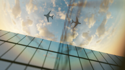 Corporate Building in City Downtown District with Sun Light and Flying Airplane. 3D Rendering