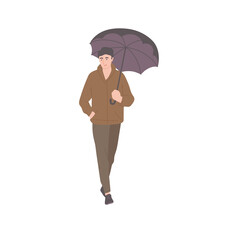 Man walking with umbrella in autumn casual clothes of urban style. Vector flat isolated character on a white background.