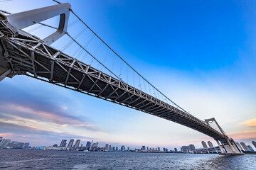 東京湾の巨大な橋と水辺に建つビル群