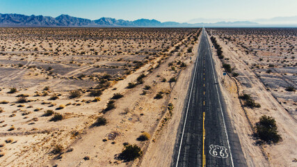 Reverse view of scenery landscape of Arizona National park and asphalt roadside, aerial view of...
