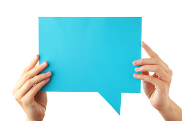 Hand holding an blue empty speech bubble isolated on white background