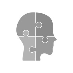 Head puzzle icon. Four jigsaw pieces. Human mind complexity. Gray shadows on white background. Mental health concept. Thinking, logic, knowledge, learning, memory. Vector illustration, flat, clip art
